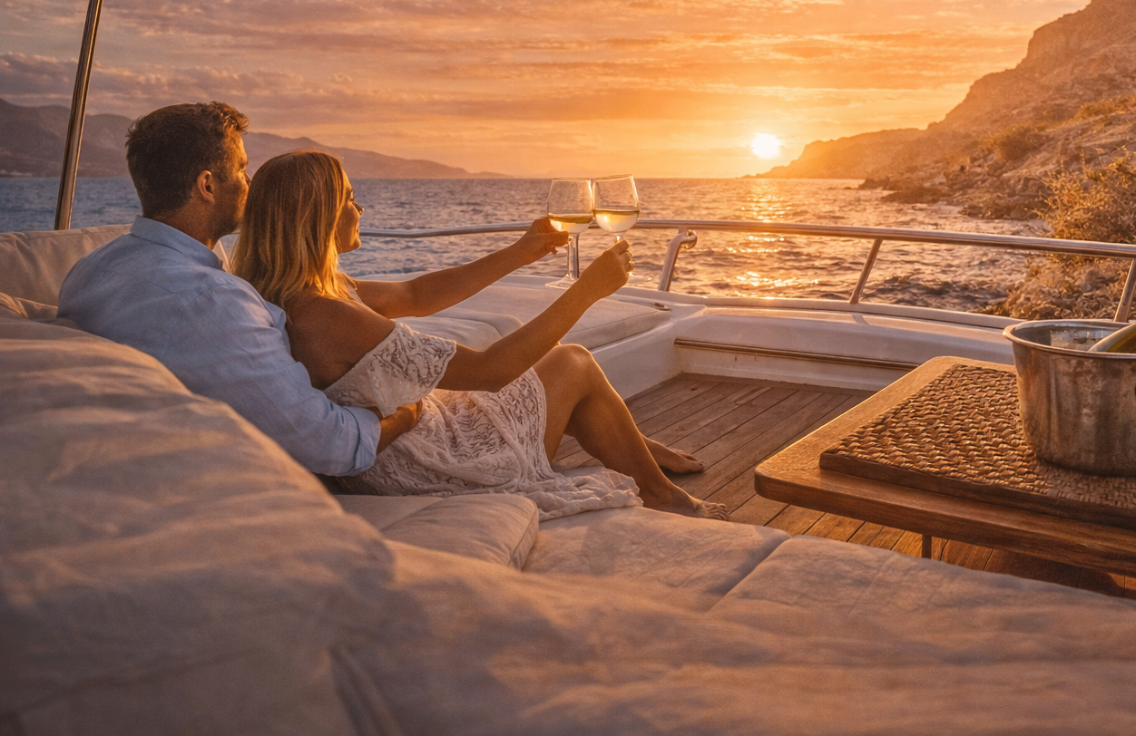 Private boat experience in Mogán at sunset with drinks Couple enjoying a private boat tour in Mogán during sunset with wine and ocean views