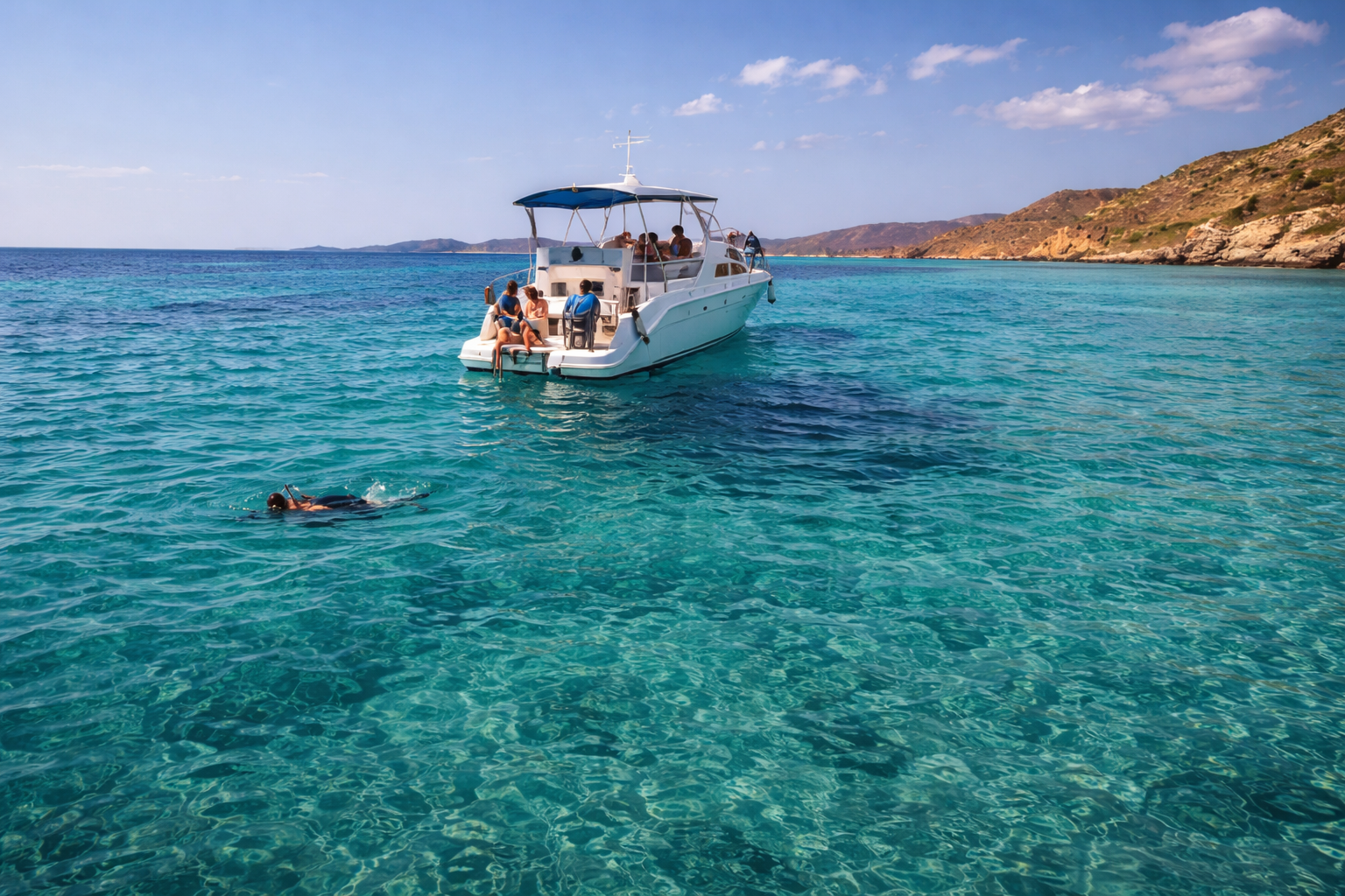 Boat trip in Puerto de Mogán with snorkeling and crystal clear water Boat excursion in Puerto de Mogán with people swimming and snorkeling in turquoise water