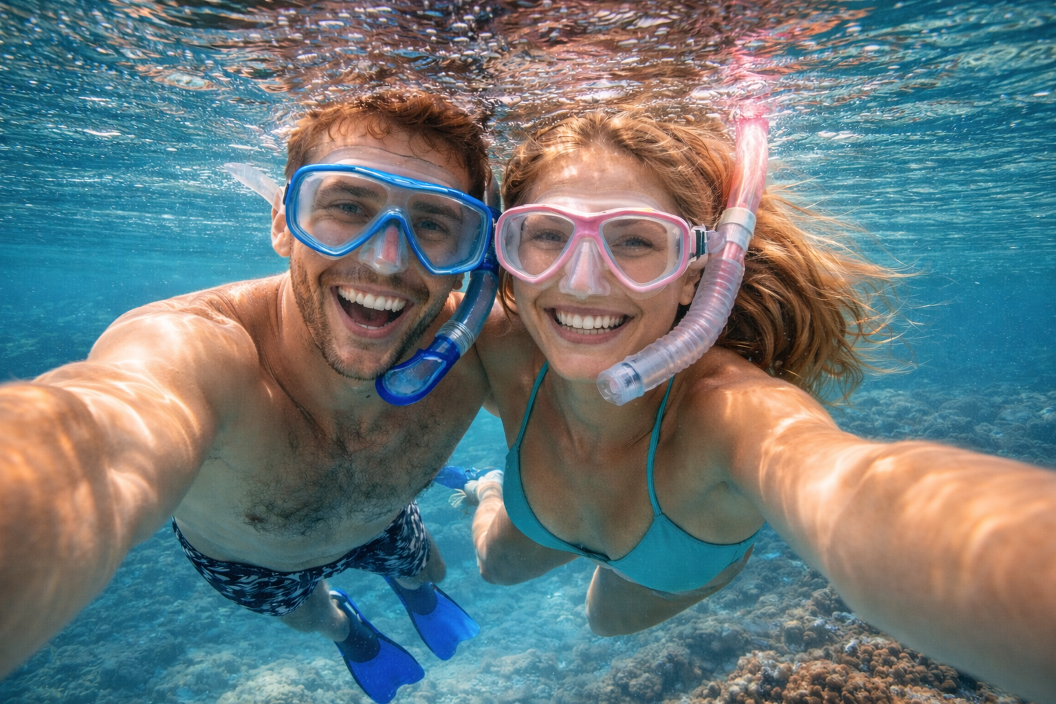 Couple snorkeling in crystal clear waters in Gran Canaria near Puerto de Mogán