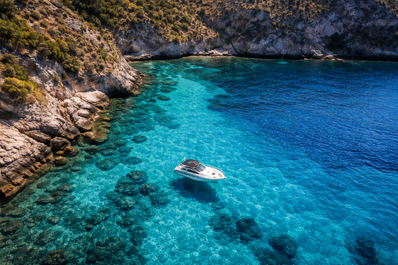 Aerial view of Puerto de Mogán coastline with boats and turquoise sea