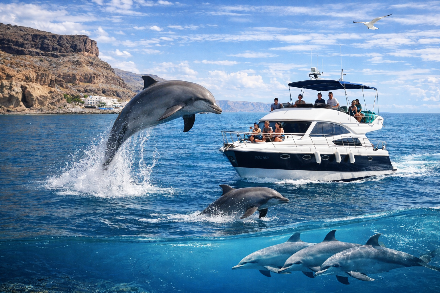 Dolphin Watching Experience in Mogán – Small Group Yacht Tour Dolphin watching tour in Puerto de Mogán with small yacht and dolphins swimming in the Atlantic Ocean