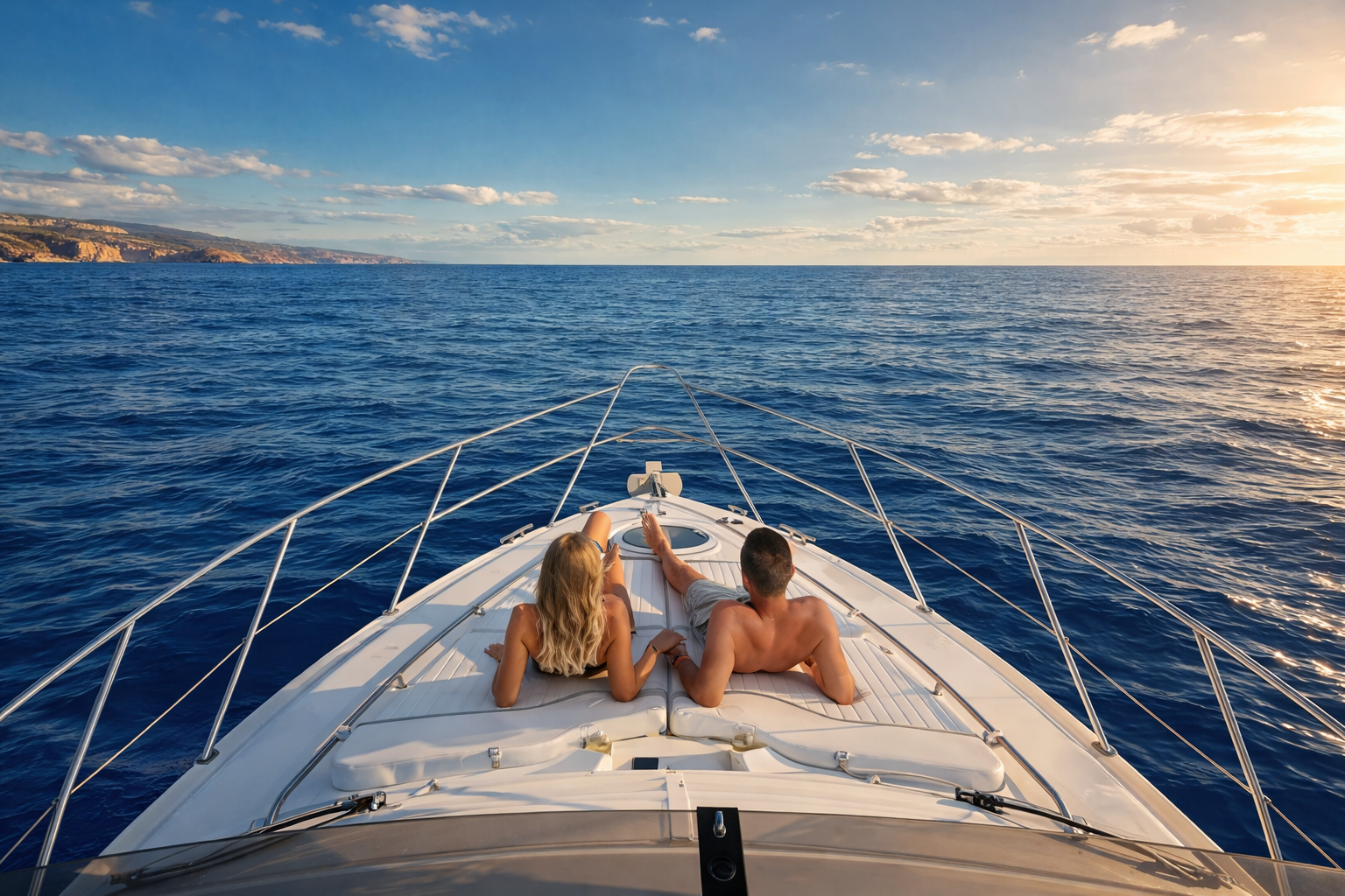 Couple relaxing on a boat during a dolphin watching trip in Gran Canaria with ocean views at sunset