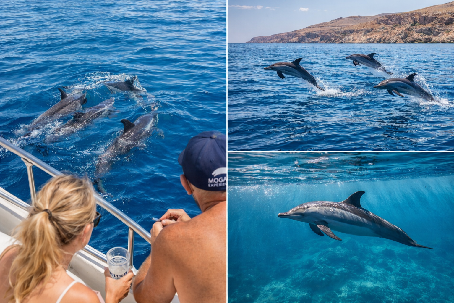 Close encounter with dolphins swimming next to a boat in Gran Canaria during a dolphin watching experience