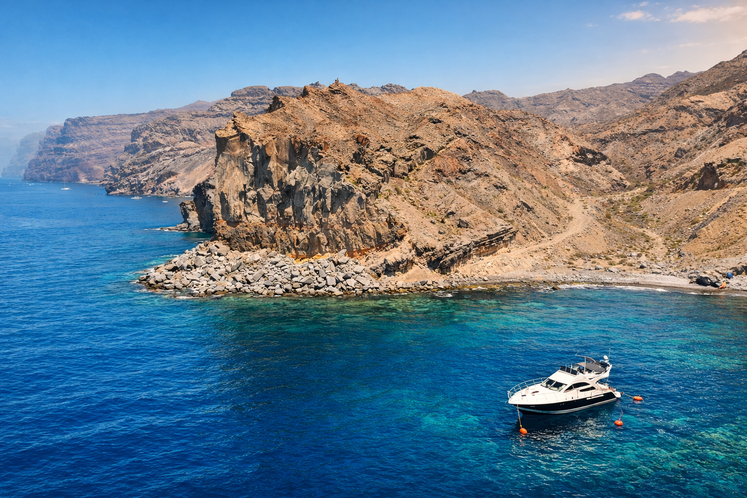 Boat anchored near volcanic cliffs in Gran Canaria with clear blue water perfect for snorkeling and dolphin watching