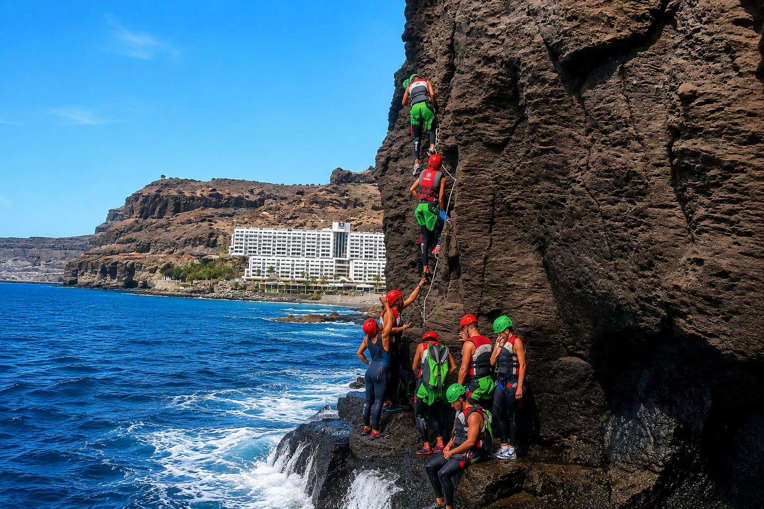 coasteering-gran-canaria-abseiling-cliff Guest abseiling down a cliff face during a coasteering adventure in Gran Canaria